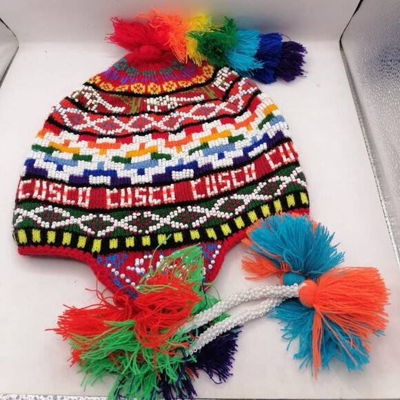 Chullo Unisex Knitted Wool Multicolored Beads Peruvian Crafts main image 2